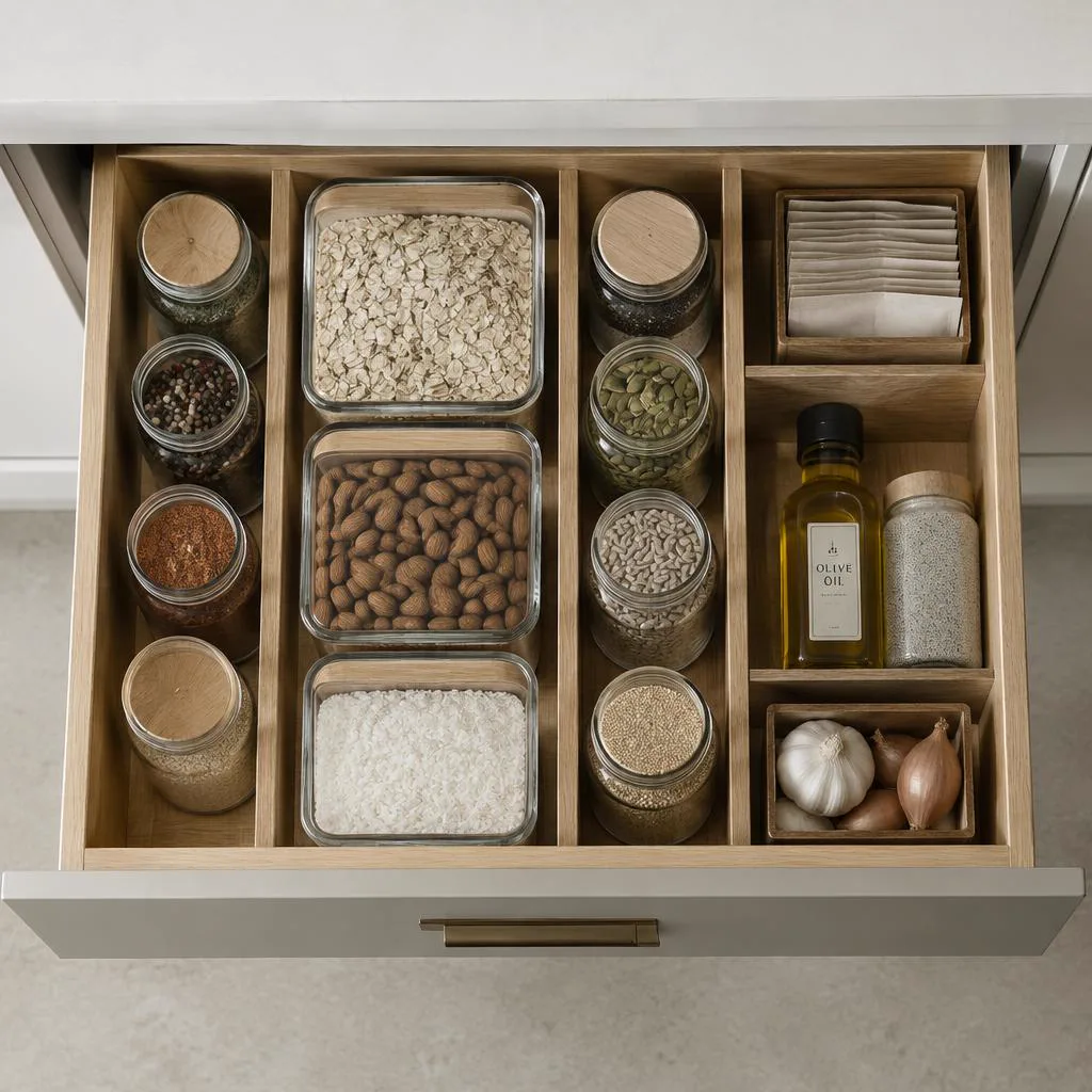 Cuisine élégante aux rangements en bois naturel